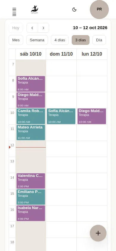 Agenda de Healers en celular, en vista de 3 días