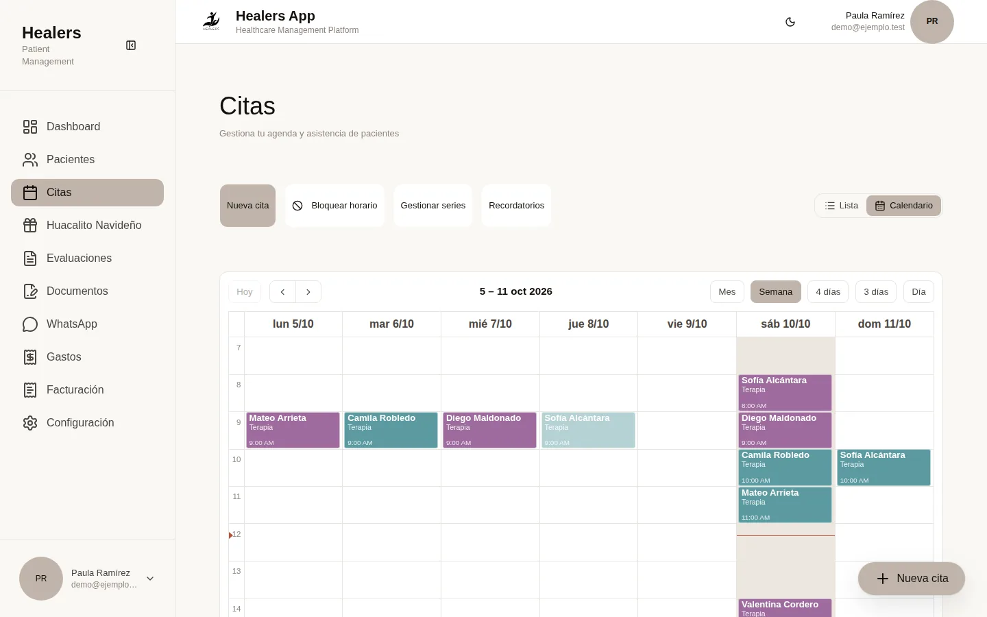 Agenda semanal de Healers con un color por terapeuta