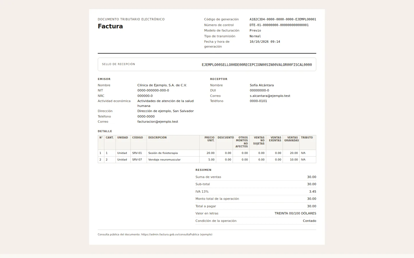 Factura electrónica de ejemplo generada por Healers, lista para imprimir