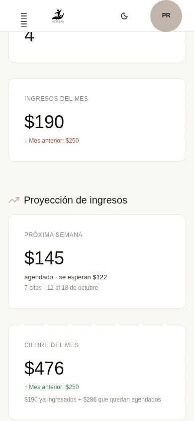 Healers en celular: ingresos del mes y proyección