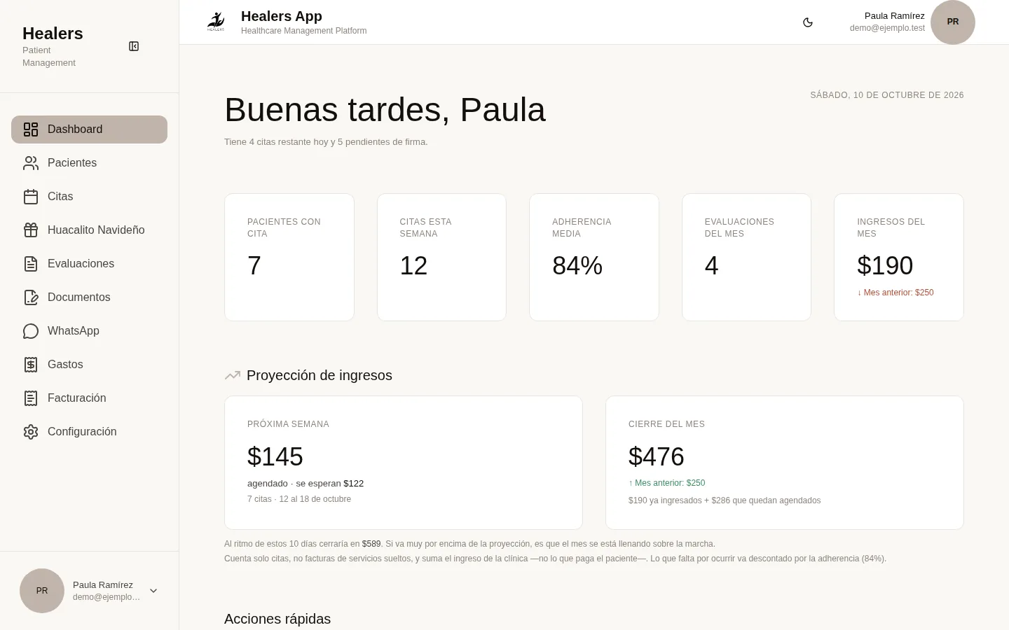 Healers en computadora: panel con citas, adherencia, ingresos y proyección del mes
