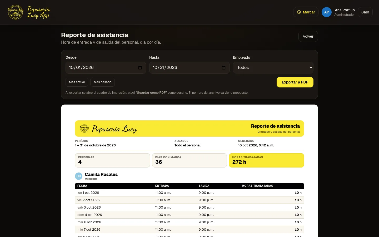 Reporte de asistencia del personal listo para exportar a PDF
