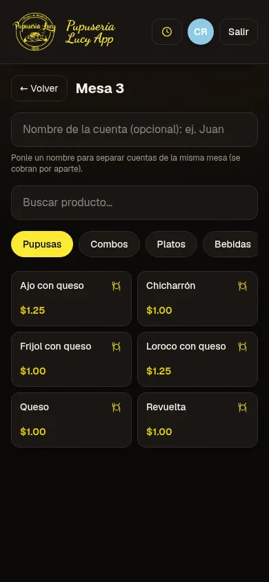 Pupusería Lucy en celular: tomar el pedido de una mesa
